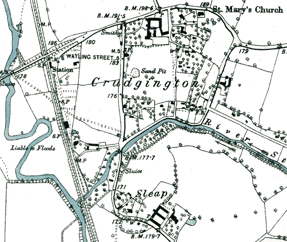 Extract from a large-scale Ordnance Survey map showing the village of Crudgington and, to the South of it, the hamlet of Sleap., as well as the network or roads and lanes within and around those settlements. To the West of both settlements is a railway line, running North-northwest - South-southeast. To the the West of that railway a river (the Tern) follows a similar, though much more winding course. Another river (the Strine) flows from East to West across the map, between Crudgington and Sleap, to join the Tern near the bottom of the map.
