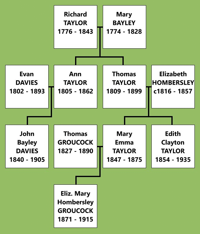 A small family tree diagram, showing four generations. First, Richard Taylor (1776 - 1843) and his wife Mary Bayley (1774 - 1828). Next, their children Ann Taylor (1805 - 1862) and Thomas Taylor (1809 - 1899), and the spouses of those children: Ann married Evan Davies (1802 - 1893), and Thomas wed Elizabeth Hombersley (about 1816 - 1857). Evan Davies and Ann begat John Bayley Davies (1840 - 1905). Thomas Taylor and Elizabeth begat Mary Emma Taylor - who married Thomas Groucock (1827 - 1890) - and Edith Clayton Taylor (1854 - 1935). Finally, the fourth generation is Elizabeth Mary Hombersley Groucock (1871 - 1915), daughter of Thomas and Mary Emma.