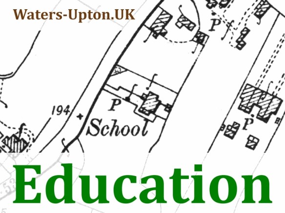 Extract from an old large-scale Ordnance Survey map, showing a School (the one at waters Upton) and its immediate surroundings. Added to the image are the web address Waters-Upton.UK, and the word Education.