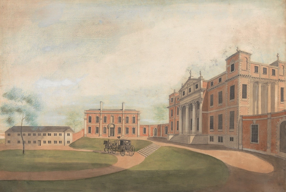 A painting, from around 1790, of Hawkstone Hall in Shropshire. The main hall, a four-storey building constructed largely from reddish-coloured brick or stone, is on slightly higher ground to the right. Other buildings, of one- and two-storeys, extend towards the left from the far end of the main hall. On lower ground to the left is a further building, long and of two storeys. On a wide drive on the lower ground in the centre of the picture, at the foot of a flight of steps, is a coach and horses.