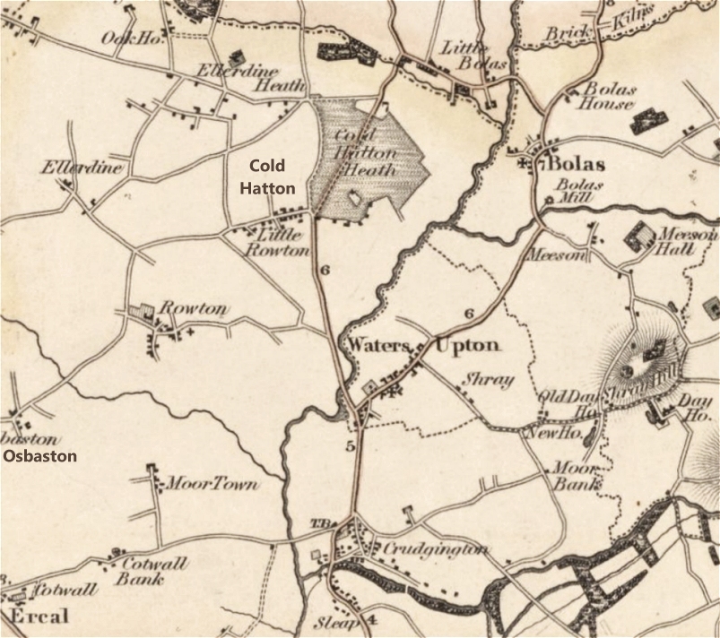 Extract from an old, small-scale map showing villages and smaller settlements including Oak House (also known as Oakhurst), Ellerdine, Cold Hatton, Rowton, Osbaston, Moortown, Sleap, Crudgington, Waters Upton, Day House, and (Great) Bolas, along with roads, water-courses, and a few small wooded areas.