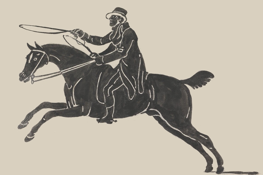 Illustration of a man riding a horse, created in the late 1700s or early 1800s. The man is wearing a hat, a long-tailed coat, and boots with spurs; one arm is outstretched, the had holding a whip. The horse, facing towards the left side of the image, has both forelegs off the ground and both hind legs on the ground.