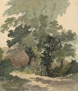 A colour painting (watercolour and graphite) dating from the very late 1700s or early to early-mid 1800s, depicting trees and shrubs by a country lane. Between two of the trees in the middle of the picture there is a 5-bar wooden gate. To the left of the trees is a haystack with a flattened conical top.